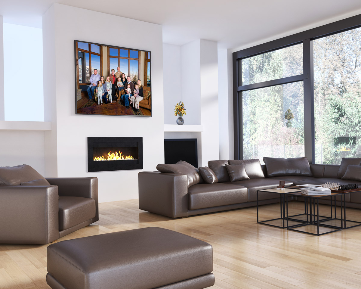 Family portrait created at a Park City vacation home displayed as wall art above a fireplace